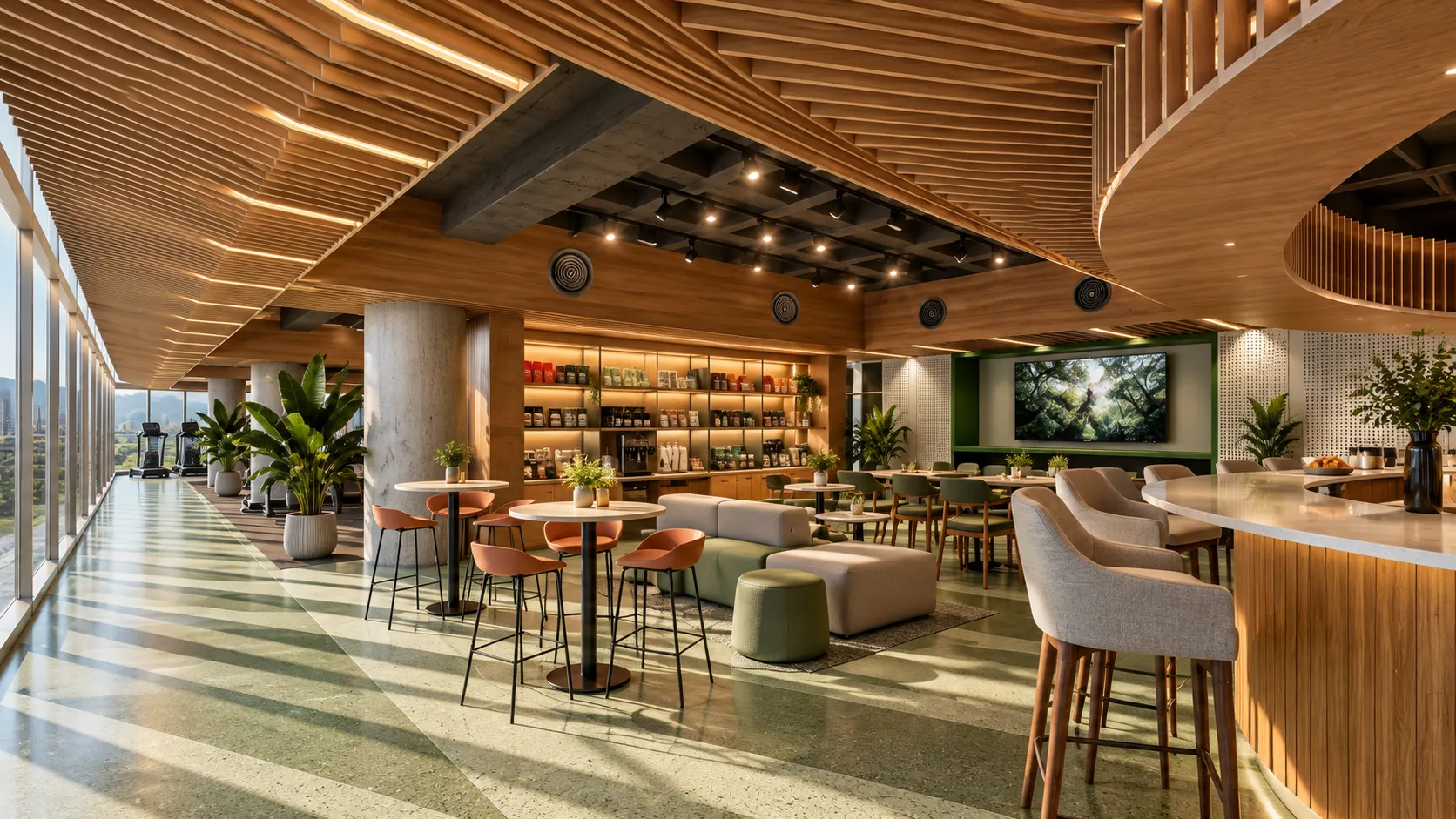 Lounge y café de Ageless con mesas, vegetación y vista a la ciudad