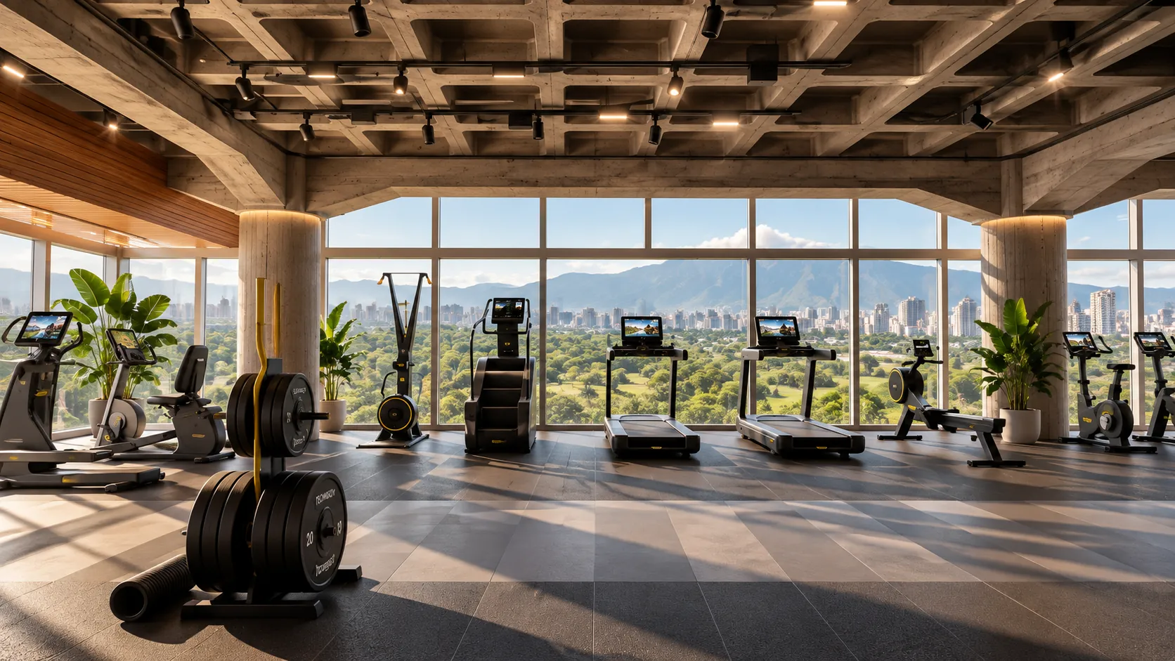 Área de entrenamiento físico del piso 6 con vista a la ciudad