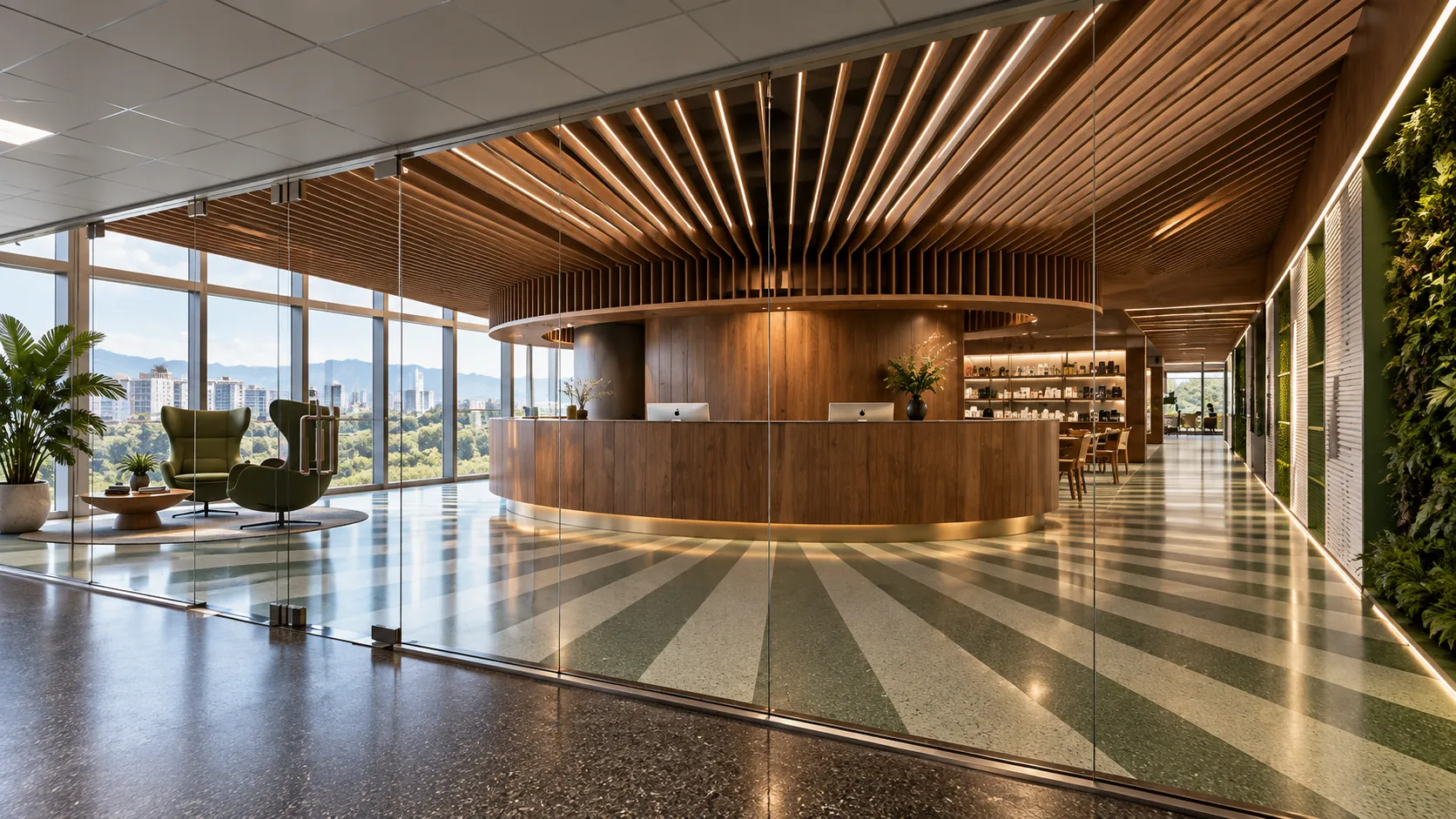 Recepción de Ageless con mostrador de madera y vista a la ciudad